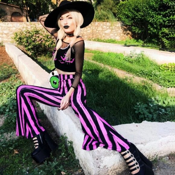 Too Fast Pink Striped Flare Pants | XS High-Waisted 70s Punk NWT Emotional - Picture 7 of 9